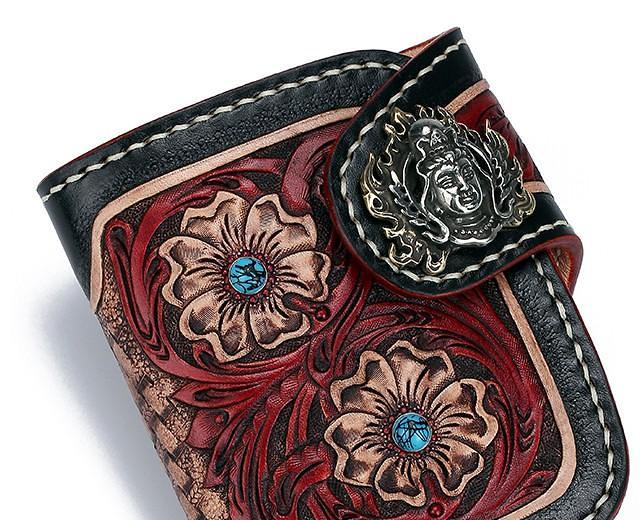 Handmade Leather Small Tooled Floral Mens billfold Wallet Cool Chain Wallet Biker Wallet for Men