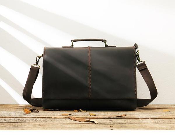 Dark Brown Leather Mens Large 14 inches Work Briefcase Laptop Bag Messenger Bags Work Side Bags for Men