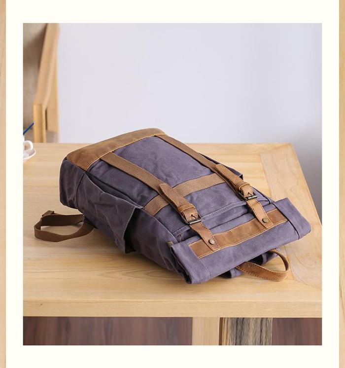 Waxed Canvas Leather Mens 15‘’ Gray College Backpack Travel Backpack Hiking Backpack for Men