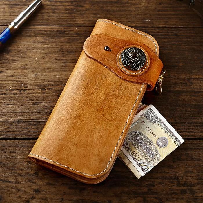 Handmade Leather Biker Chain Wallet Mens Cool Chain Long Wallet with Chain