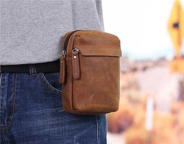 Cool Brown Leather Men's Cell Phone Holster Brown Belt Bag Belt Pouch For Men