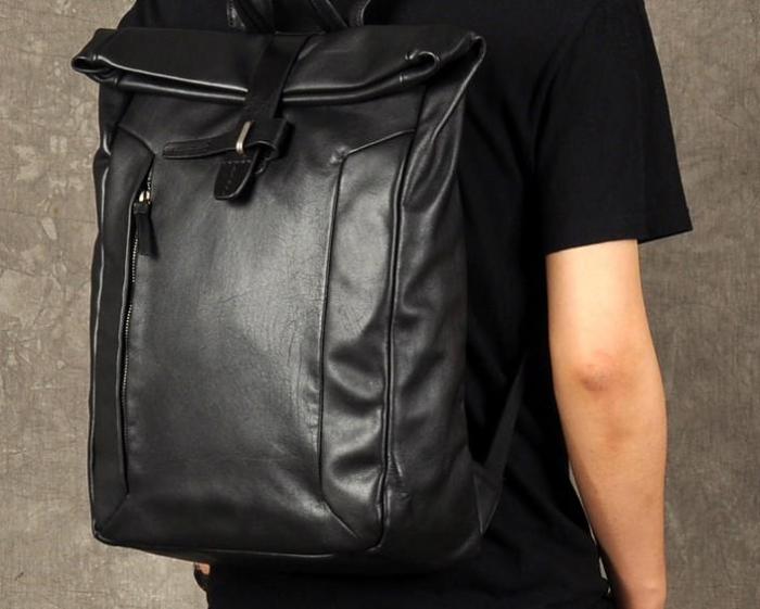 Genuine Leather Mens Cool Backpack Sling Bag Large Black Travel Bag Hiking Bag for men