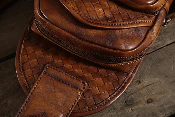 Braided Leather Sling Bag Mens Cool Chest Bag Crossbody Backpack One Strap Backpack for Men