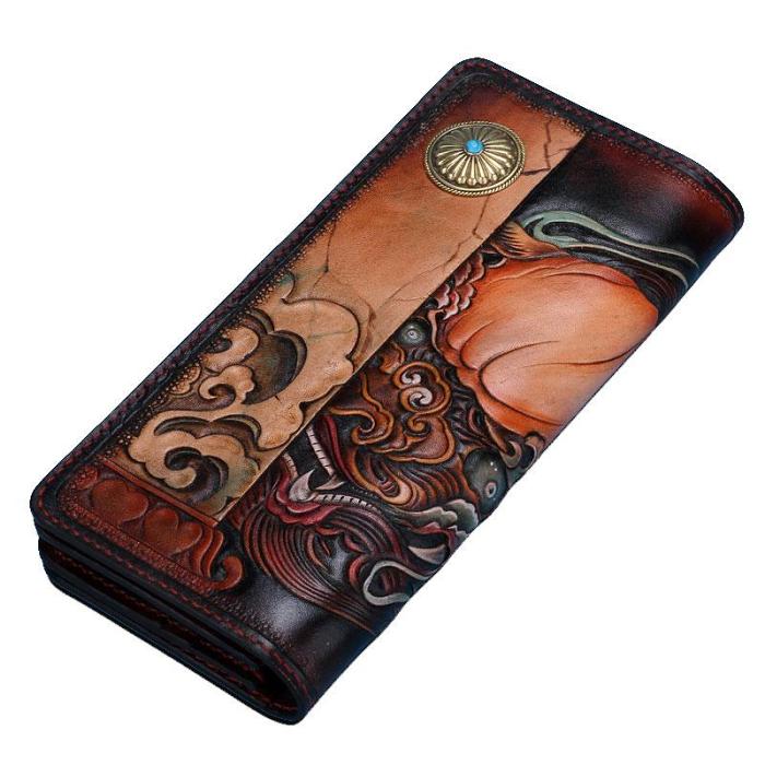 Handmade Leather Chinese Lion Mens Chain Biker Wallet Cool Leather Wallet With Chain Wallets for Men