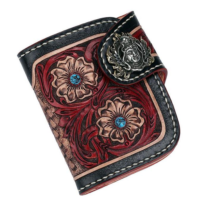 Handmade Leather Small Tooled Floral Mens billfold Wallet Cool Chain Wallet Biker Wallet for Men