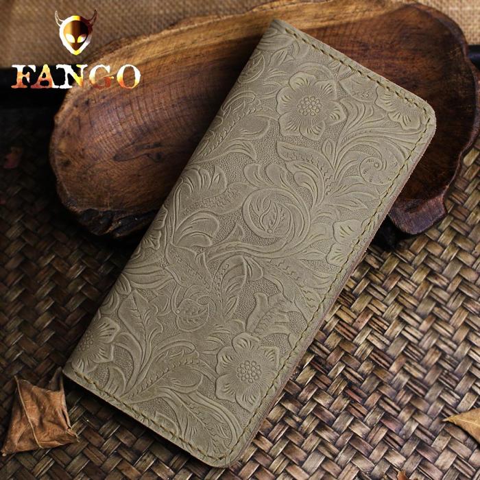 Handmade Leather Floral Mens Cool Travel Long Wallet Card Holder Card Slim Clutch Wallets for Men