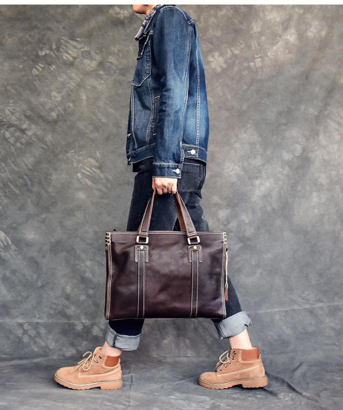 Brown Leather Mens 14 Laptop Briefcase Business Messenger Bag Brown Large Handbag For Men