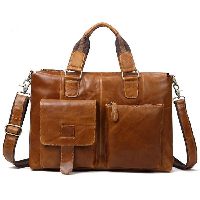 Vintage Brown Leather Men 15.6 inches Briefcase Handbag Brown Laptop Handbag Business Bag For Men
