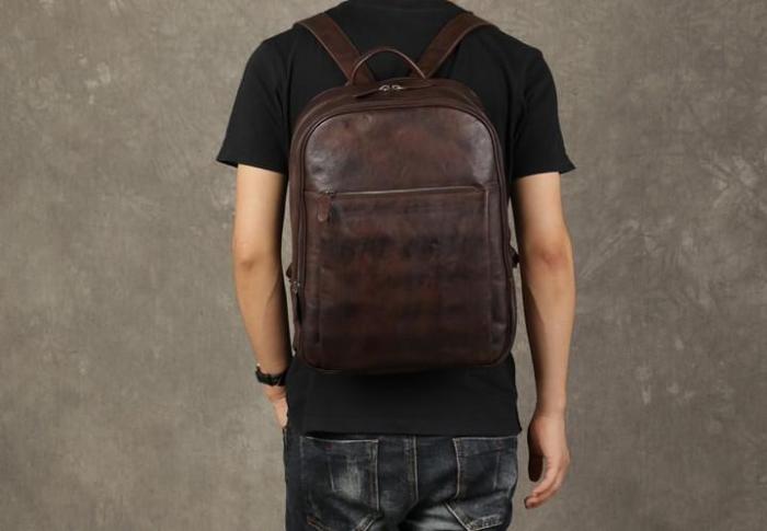 Genuine Leather Mens Cool Backpack Sling Bag Large Black Travel Bag Hiking Bag for men