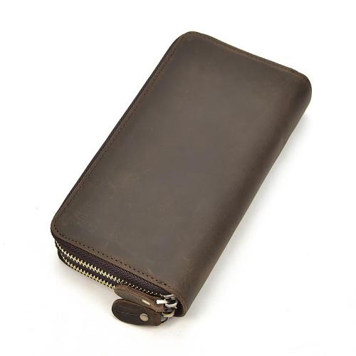 Handmade Leather Mens Cool Long Leather Wallet Zipper Wristlet Bag Clutch Wallet for Men