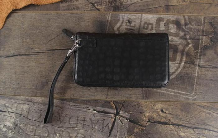Handmade Genuine Leather Mens Cool Long Leather Wallet Zipper Clutch Wristlet Wallet for Men