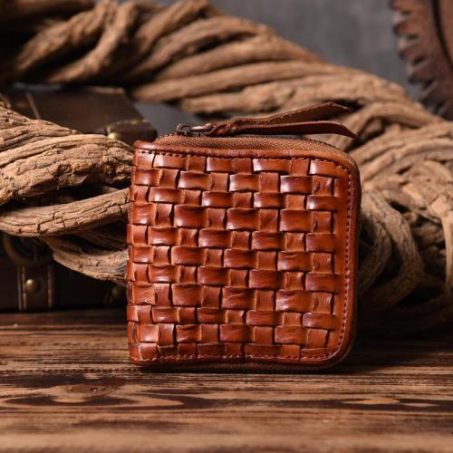 Handmade Leather Mens Cool Wallet Men Braided Wallets Zipper Wallet for Men