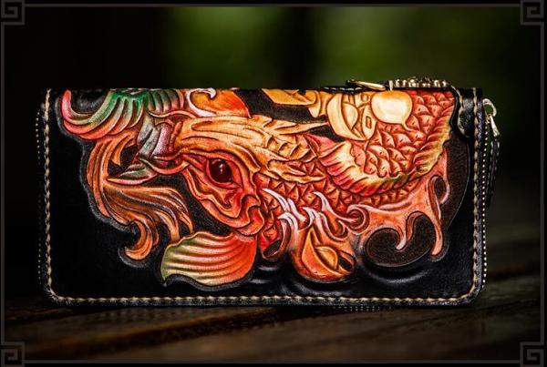Handmade Leather Tooled Carp Mens Chain Biker Wallet Cool Leather Wallet Long Phone Wallets for Men