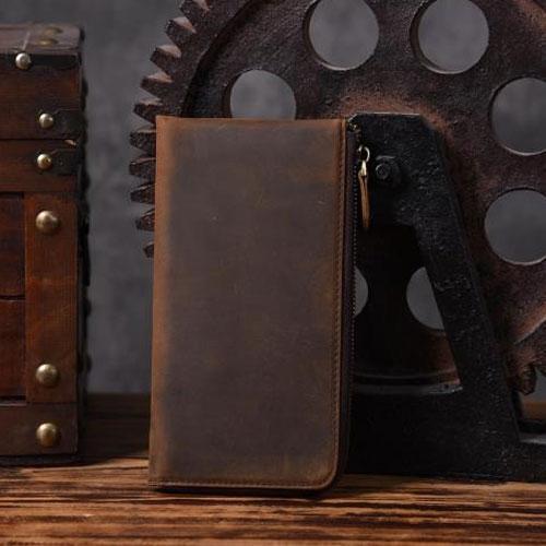 Handmade Leather Mens Cool Long Leather Wallet Zipper Clutch Wallet for Men