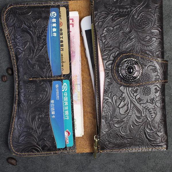 Handmade Leather Floral Mens Cool Travel Long Wallet Card Holder Card Slim Clutch Wallets for Men