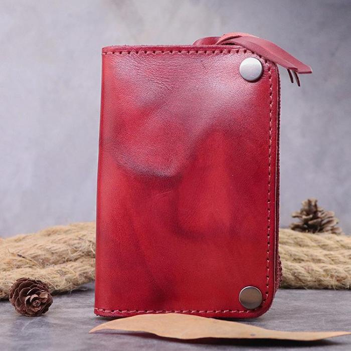 Brown Leather Key Case Key Wallet Men's Dark Coffee Key Holder Red Card Holder For Men