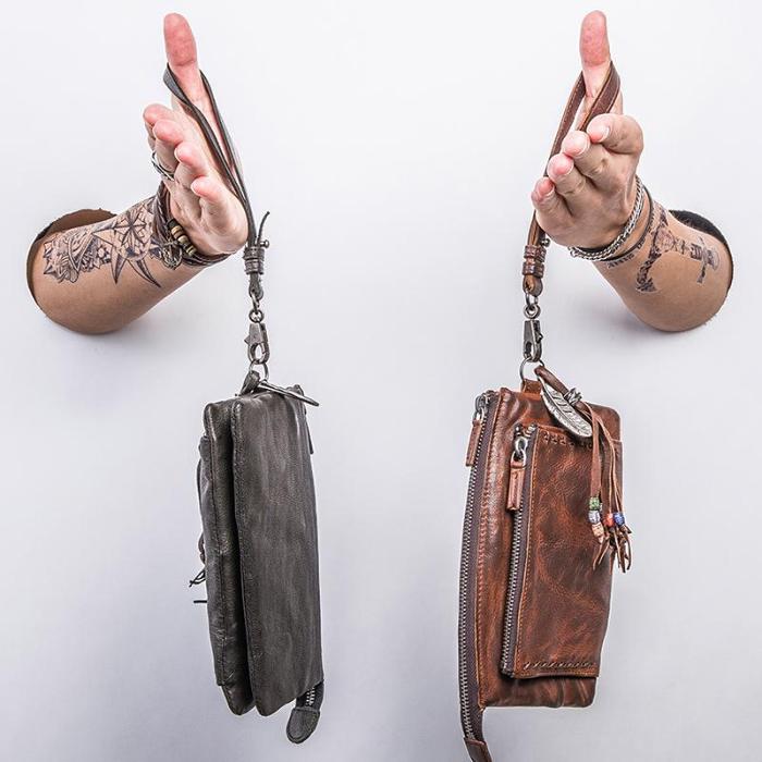 Handmade Mens Cool Long Leather Chain Wallet Cards Biker Trucker Wristlet Wallet