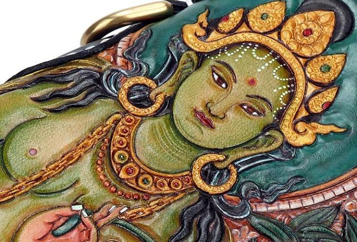 Handmade Leather Green Tara Buddhism Mens Chain Biker Wallet Cool Leather Wallet With Chain Wallets for Men