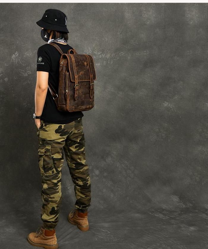 Cool Leather Mens 14 Dark Brown Hiking Backpack Travel Backpack College Backpack for Men