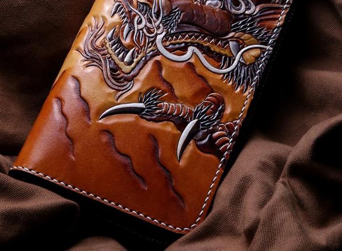 Handmade Leather Tooled Chinese Dragon Tiger Mens Chain Biker Wallet Cool Leather Wallet Zipper Long Phone Wallets for Men