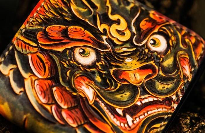Handmade Leather Chinese Lion Tooled Mens billfold Wallet Cool Leather Wallet Slim Wallet for Men