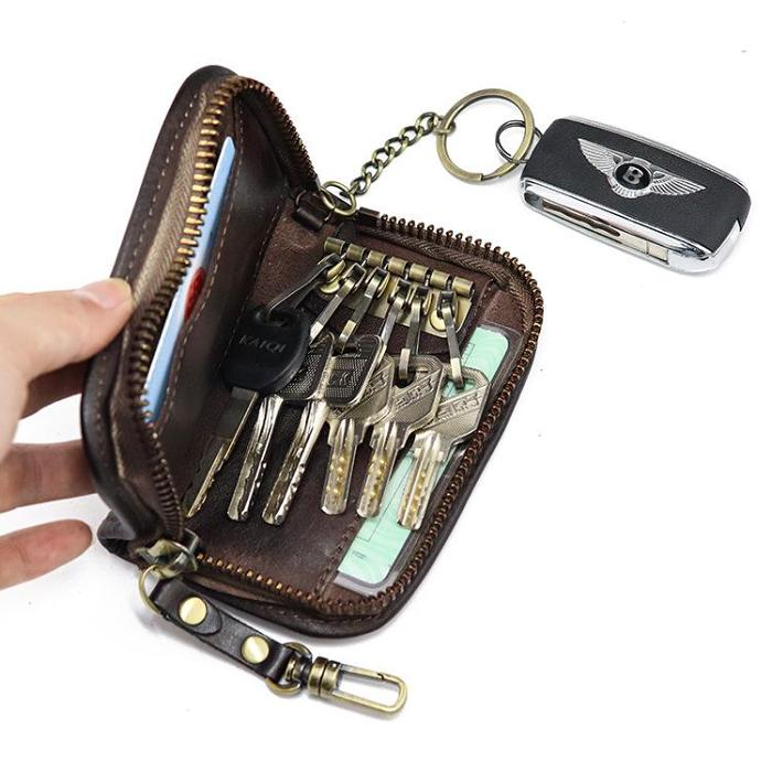 Vintage Brown Leather Men's Car Key Wallet Black Key Zipper Wallet For Men