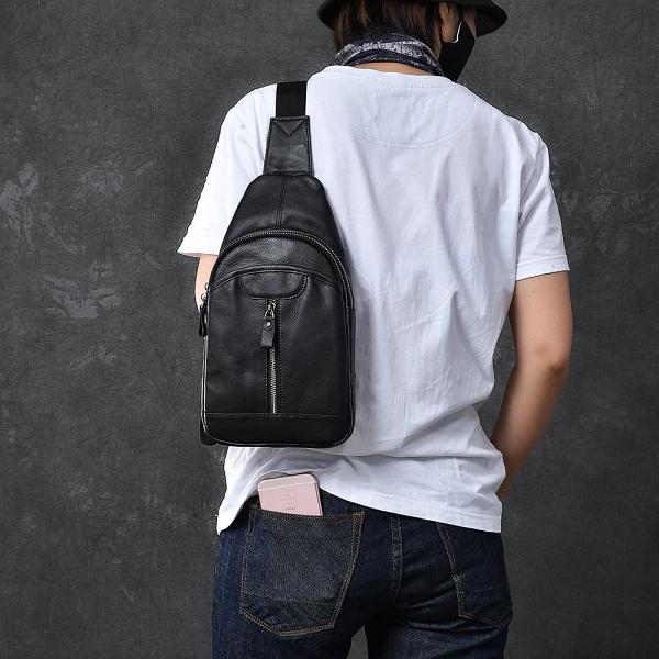 Cool Leather Mens 8 Black Sling Bag Chest Bag One Shoulder Backpack for Men