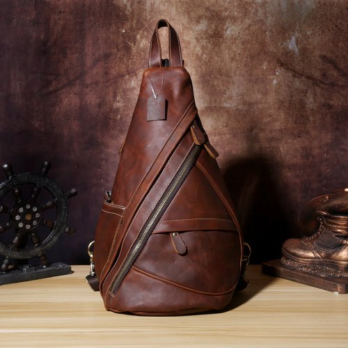 Genuine Leather Mens Cool Chest Bag Sling Bag Crossbody Bag Travel Bag Hiking Bag for men