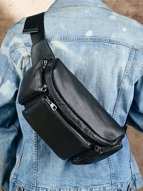 Large Black Leather Fanny Pack Men's Black Chest Bag Hip Bag Large Capacity Waist Bag For Men