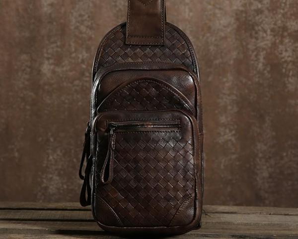 Braided Leather Sling Bag Mens Cool Chest Bag Crossbody Backpack One Strap Backpack for Men