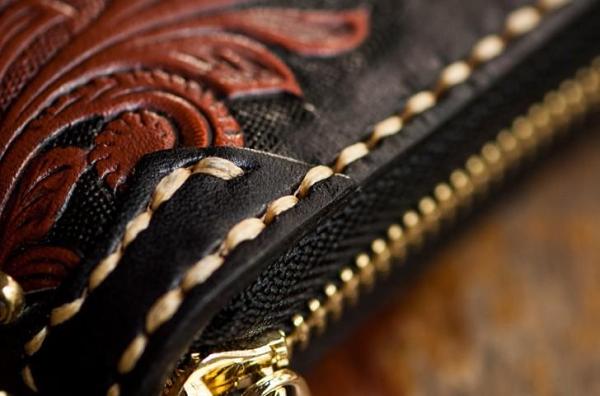 Handmade Leather Mens Tooled Eagle Chain Biker Wallet Cool Leather Wallet Long Clutch Wallets for Men