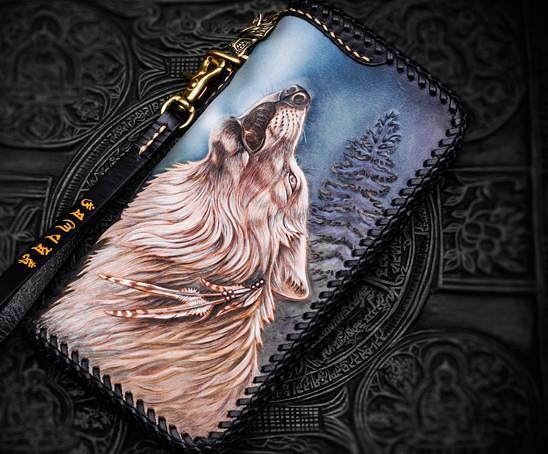 Handmade Leather Tooled Wolf Chain Wallet Mens Biker Wallet Cool Leather Wallet Long Phone Wallets for Men