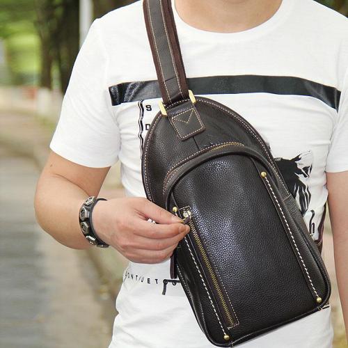 LEATHER MENS COOL SLING BAG Black Coffee CROSSBODY BAG CHEST BAG FOR MEN