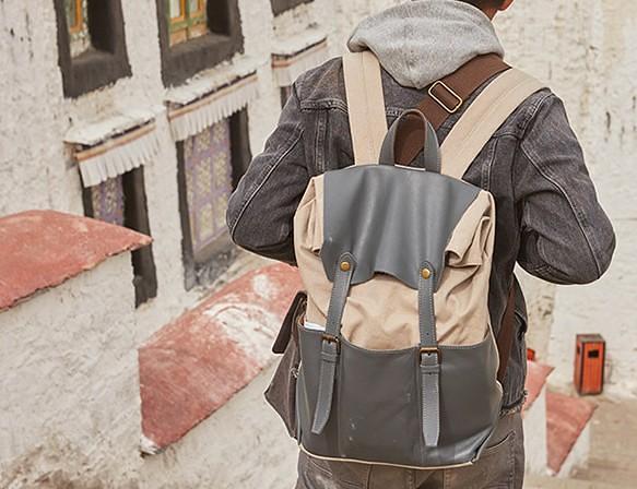 Leather Canvas Mens Cool Backpack Canvas Travel Bag Canvas School Bag for Men