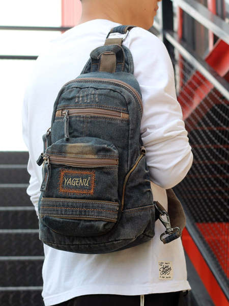 Denim Blue Mens Large Sling Bag Chest Bag Chest Pack Vintage Jean Crossbody Sling Bag For Men
