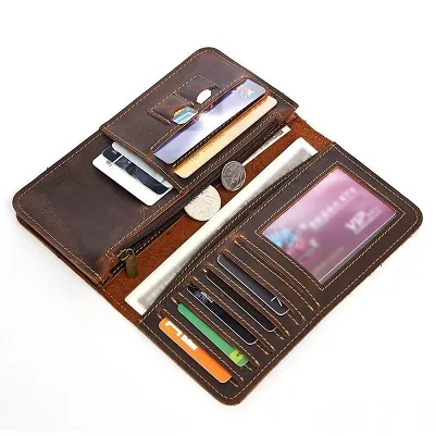 Vintage Coffee Mens Leather Long Wallet Bifold Long Wallets for Men