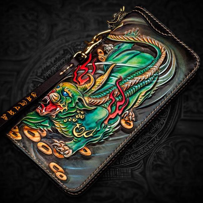 Handmade Leather Chinese Monster Mens Chain Biker Wallet Cool Leather Wallet With Chain Wallets for Men