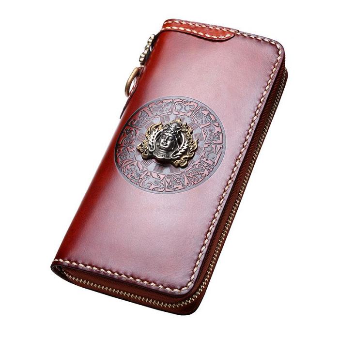 Handmade Leather Mens Chain Biker Wallet Cool Leather Wallet Long Phone Wallets for Men