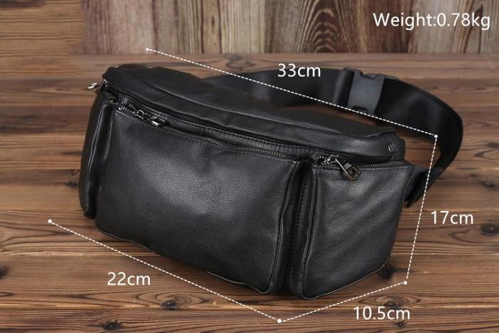 Large Black Leather Fanny Pack Men's Black Chest Bag Hip Bag Large Capacity Waist Bag For Men