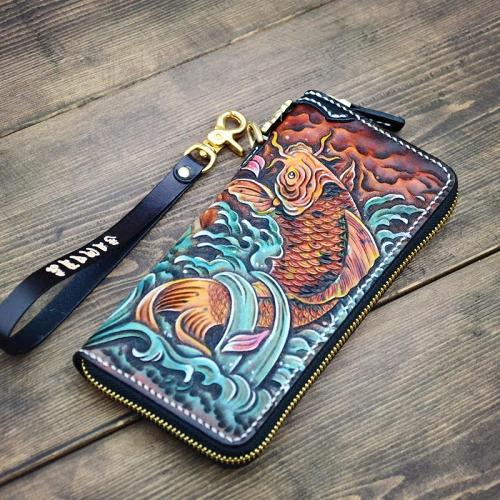 Handmade Leather Carp Mens Chain Biker Wallet Cool Leather Wallet Long Phone Wallets for Men