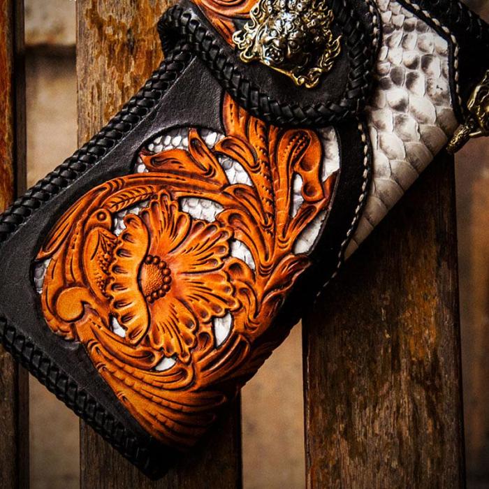 Handmade Leather Tooled Floral Mens Chain Biker Wallet Cool Leather Wallet With Chain Wallets for Men