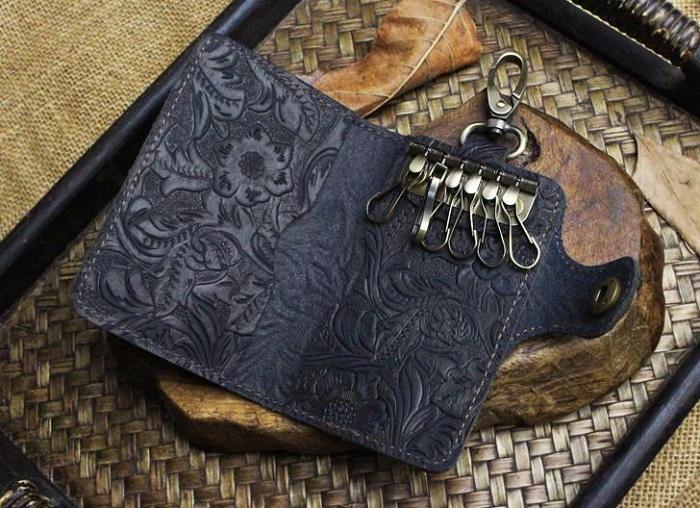 Handmade Leather Floral Mens Cool Key Wallet Wallet Card Holder Small Card Keychain Wallets for Men