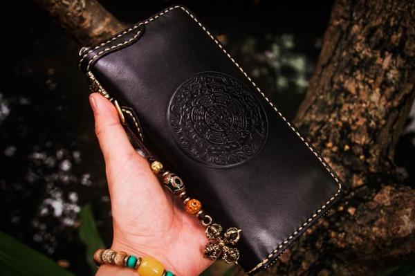 Handmade Leather Mens Tibetan Chain Biker Wallet Cool Leather Wallet Long Clutch Wallets for Men