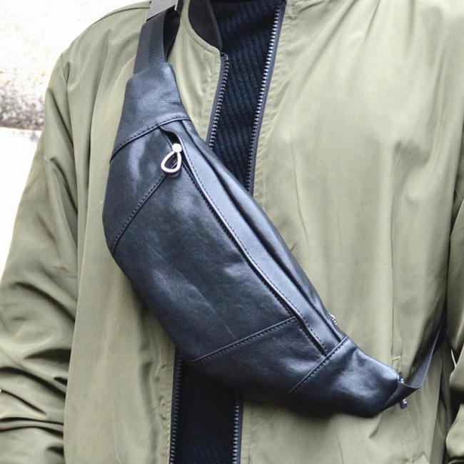 Small Black Leather Fanny Pack Men's Leather Chest Bag Black Leather Hip Bag Small Waist Bags For Men
