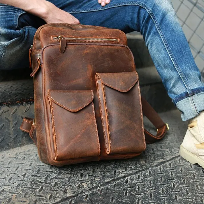 Cool Brown Leather Mens Backpack Travel Backpacks Laptop Backpack for men