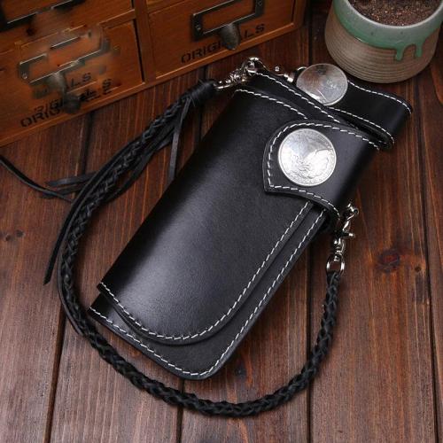 Handmade Mens Cool Black Leather Chain Wallet Biker Trucker Wallet with Chain