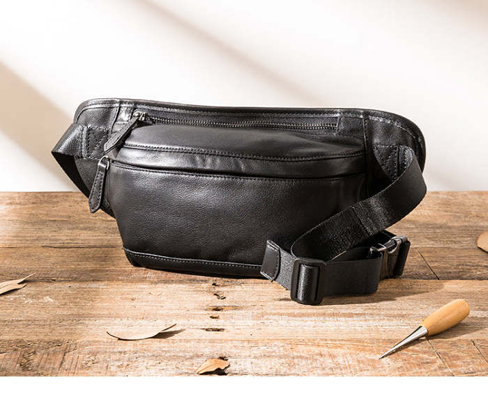 Black Mens Leather Fanny Pack Chest Bag Black Leather Bumbag Leather Belt Bag For Men