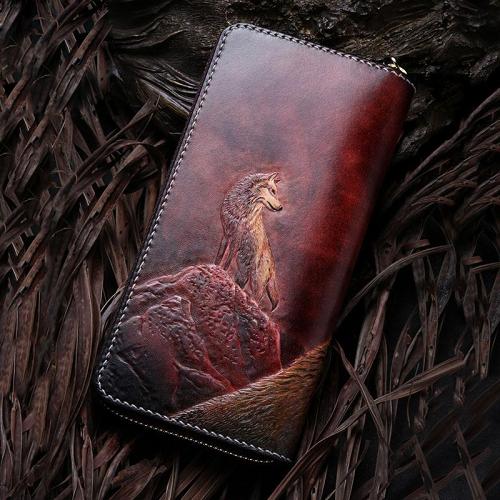 Handmade Leather Mens Clutch Wallet Cool Wolf Tooled Wallet Long Zipper Wallets for Men