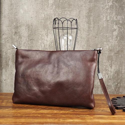 Cool Leather Mens Soft Leather Zipper Clutch Bag Wristlet Purse for Men