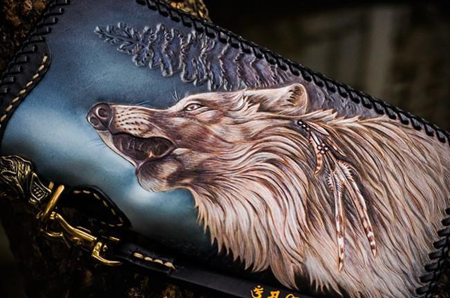Handmade Leather Tooled Wolf Chain Wallet Mens Biker Wallet Cool Leather Wallet Long Phone Wallets for Men